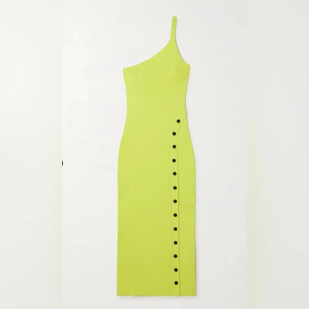 Self Portrait One - Shoulder Ribbed Knit Midi Dress Lime US 4 - Picture 1 of 6